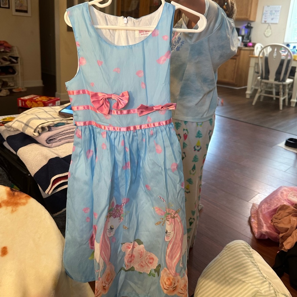 Blue and Pink fancy unicorn dress with Cap Sleeves and Scoop Neck